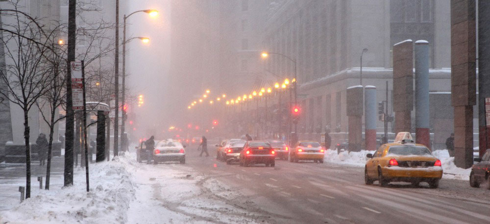 Driving in the snow on a Chicago street